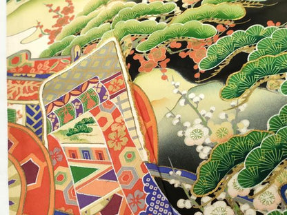 平和屋着物●アンティーク　大正ロマン　黒留袖　駒刺繍　両褄　御所車松竹梅文　暈し染め　正絹　逸品　AABG5423cs
