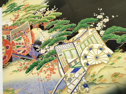 平和屋着物●アンティーク　大正ロマン　黒留袖　駒刺繍　両褄　御所車松竹梅文　暈し染め　正絹　逸品　AABG5423cs