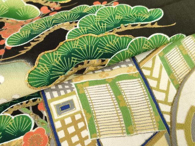 平和屋着物●アンティーク　大正ロマン　黒留袖　駒刺繍　両褄　御所車松竹梅文　暈し染め　正絹　逸品　AABG5423cs