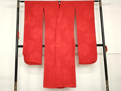 平和屋着物●アンティーク　大正ロマン　振袖用長襦袢　無双仕立て　花薬玉地紋　紅赤色　正絹　逸品　AABG5425cs