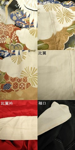 平和屋着物●アンティーク　大正ロマン　黒留袖　駒刺繍　両褄　飛鶴笠松文　暈し染め　正絹　逸品　AABG5431cs