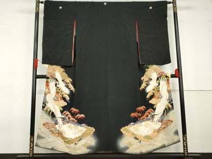 平和屋着物●アンティーク　大正ロマン　黒留袖　駒刺繍　両褄　飛鶴笠松文　暈し染め　正絹　逸品　AABG5431cs