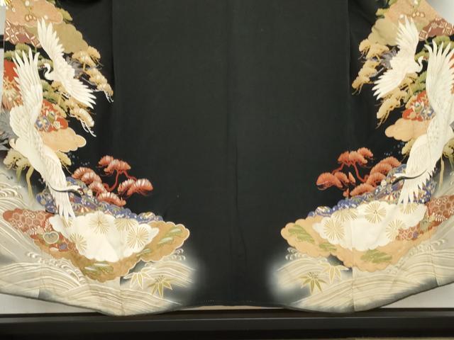 平和屋着物●アンティーク　大正ロマン　黒留袖　駒刺繍　両褄　飛鶴笠松文　暈し染め　正絹　逸品　AABG5431cs