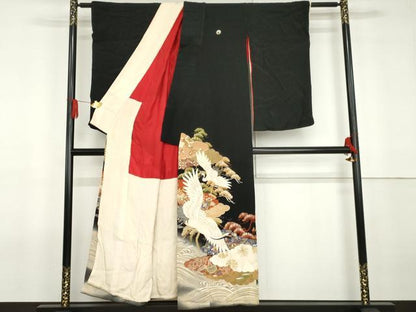平和屋着物●アンティーク　大正ロマン　黒留袖　駒刺繍　両褄　飛鶴笠松文　暈し染め　正絹　逸品　AABG5431cs