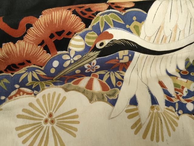 平和屋着物●アンティーク　大正ロマン　黒留袖　駒刺繍　両褄　飛鶴笠松文　暈し染め　正絹　逸品　AABG5431cs