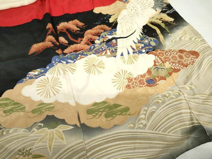 平和屋着物●アンティーク　大正ロマン　黒留袖　駒刺繍　両褄　飛鶴笠松文　暈し染め　正絹　逸品　AABG5431cs