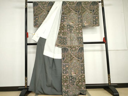 平和屋着物●総刺繍　訪問着　中国三大刺繍　スワトウ刺繍　汕頭刺繍　更紗花鳥文　金糸　正絹　逸品　未使用　AABG5434cs