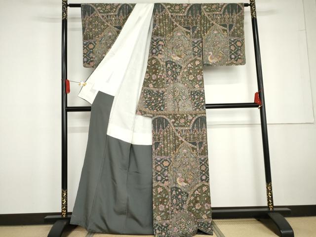 平和屋着物●総刺繍　訪問着　中国三大刺繍　スワトウ刺繍　汕頭刺繍　更紗花鳥文　金糸　正絹　逸品　未使用　AABG5434cs