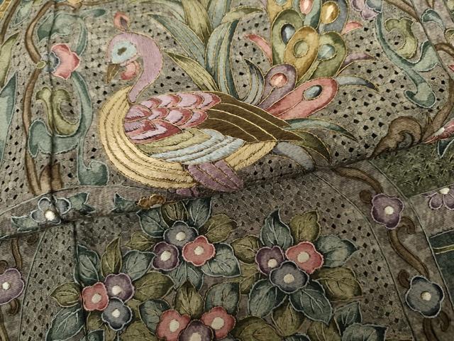平和屋着物●総刺繍　訪問着　中国三大刺繍　スワトウ刺繍　汕頭刺繍　更紗花鳥文　金糸　正絹　逸品　未使用　AABG5434cs