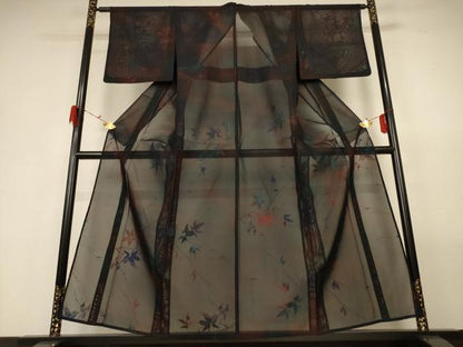 平和屋着物＊夏物　小紋　紗　枝葉文　正絹　逸品　AABG5443jd