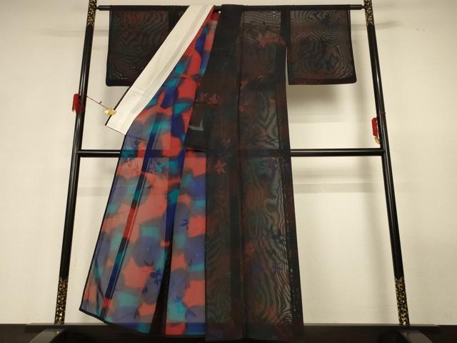平和屋着物＊夏物　小紋　紗　枝葉文　正絹　逸品　AABG5443jd