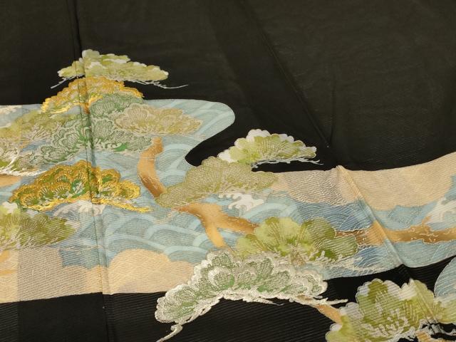 平和屋着物＊夏物 黒留袖 絽 刺繍 松 金銀糸 銀彩 正絹 逸品 AABG5454jd