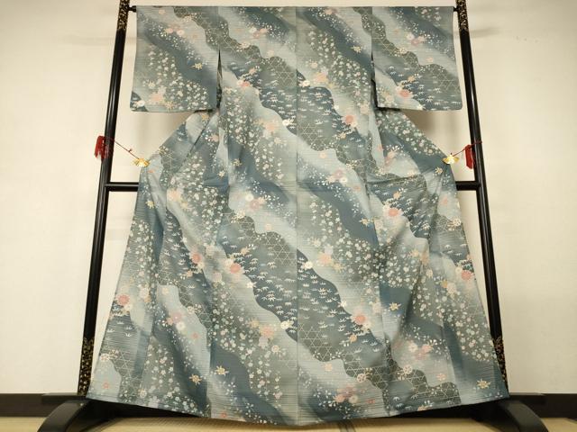平和屋着物＊夏物 小紋 絽 吉祥花文 金彩 洗える着物 AABG5559jd