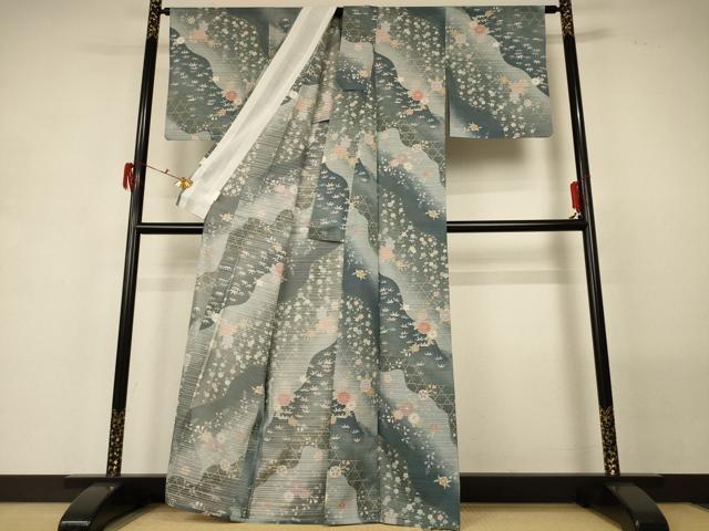 平和屋着物＊夏物 小紋 絽 吉祥花文 金彩 洗える着物 AABG5559jd
