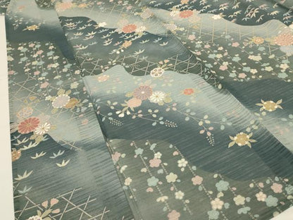 平和屋着物＊夏物 小紋 絽 吉祥花文 金彩 洗える着物 AABG5559jd