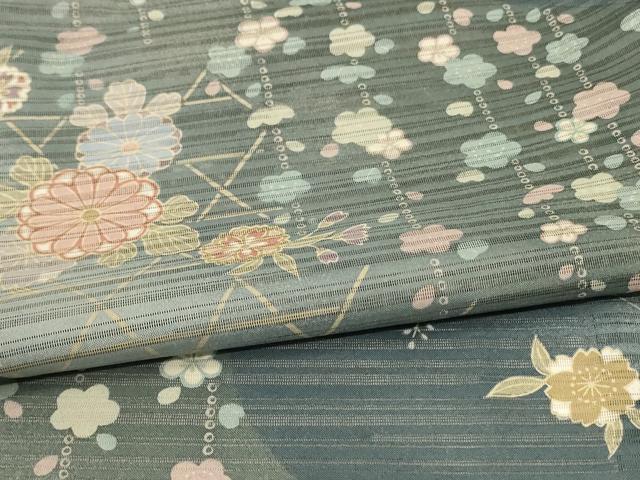 平和屋着物＊夏物 小紋 絽 吉祥花文 金彩 洗える着物 AABG5559jd