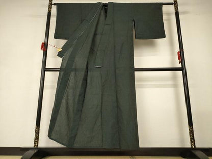 平和屋着物＊夏物 色無地 ちぢみ織 黒緑色 正絹 逸品 AABG5576jd