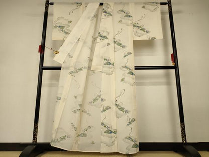 平和屋着物＊夏物 小紋 絽 手描き 雲取り扇子花文 正絹 逸品 AABG5596jd