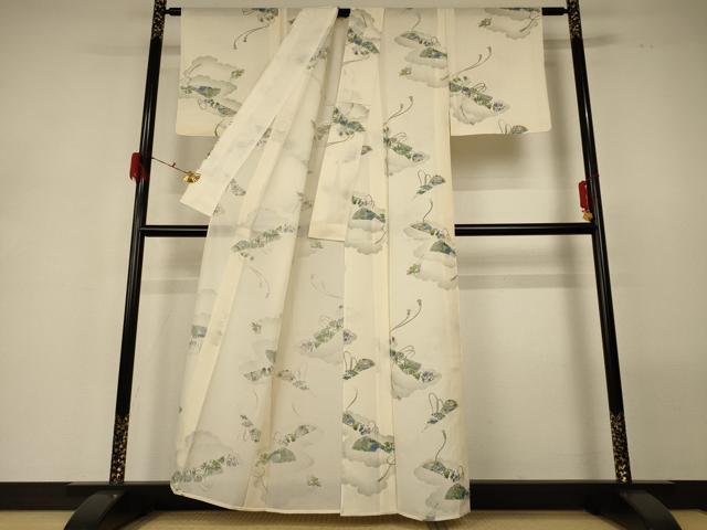 平和屋着物＊夏物 小紋 絽 手描き 雲取り扇子花文 正絹 逸品 AABG5596jd