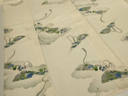 平和屋着物＊夏物 小紋 絽 手描き 雲取り扇子花文 正絹 逸品 AABG5596jd