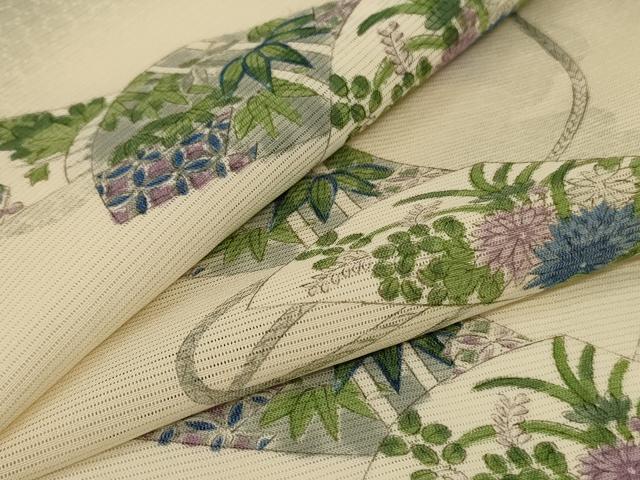 平和屋着物＊夏物 小紋 絽 手描き 雲取り扇子花文 正絹 逸品 AABG5596jd