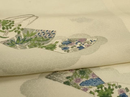 平和屋着物＊夏物 小紋 絽 手描き 雲取り扇子花文 正絹 逸品 AABG5596jd