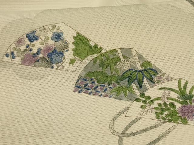 平和屋着物＊夏物 小紋 絽 手描き 雲取り扇子花文 正絹 逸品 AABG5596jd