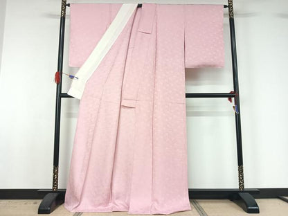 平和屋着物▽上質な色無地 単衣 花づくし地紋 撫子色 ロング丈 正絹 逸品 AABG5602jh