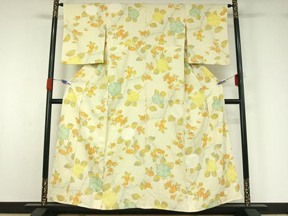 平和屋着物▽上質な小紋　単衣　草花文　正絹　逸品　AABG5607jh