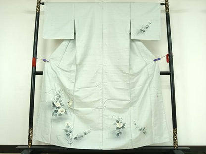 平和屋着物▽訪問着　単衣　作家物　紬地　手描き　花鳥文　暈し染め　正絹　逸品　AABG5617jh