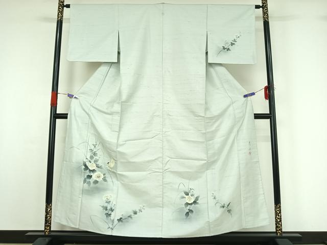 平和屋着物▽訪問着　単衣　作家物　紬地　手描き　花鳥文　暈し染め　正絹　逸品　AABG5617jh