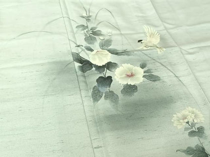 平和屋着物▽訪問着　単衣　作家物　紬地　手描き　花鳥文　暈し染め　正絹　逸品　AABG5617jh