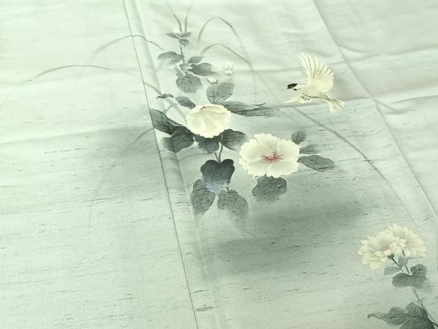 平和屋着物▽訪問着　単衣　作家物　紬地　手描き　花鳥文　暈し染め　正絹　逸品　AABG5617jh