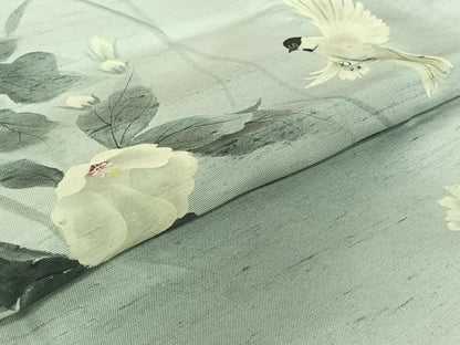 平和屋着物▽訪問着　単衣　作家物　紬地　手描き　花鳥文　暈し染め　正絹　逸品　AABG5617jh