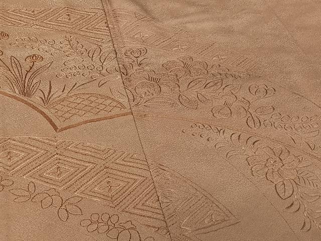 平和屋着物▽無地絵羽訪問着　単衣　総刺繍　辻が花文　薄柿色　正絹　逸品　AABG5618jh