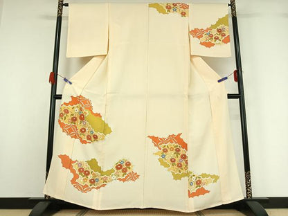 平和屋着物▽訪問着 単衣 駒刺繍 雲取り花文 金彩 正絹 逸品 AABG5621jh