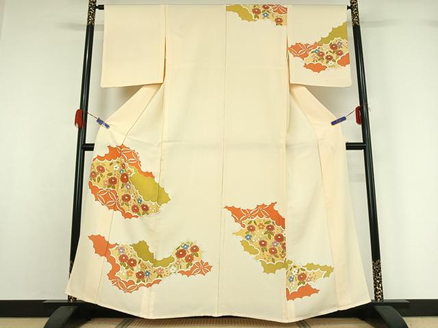 平和屋着物▽訪問着 単衣 駒刺繍 雲取り花文 金彩 正絹 逸品 AABG5621jh