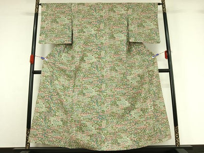 平和屋着物▽上質な紬 単衣 草花文 正絹 逸品 AABG5622jh