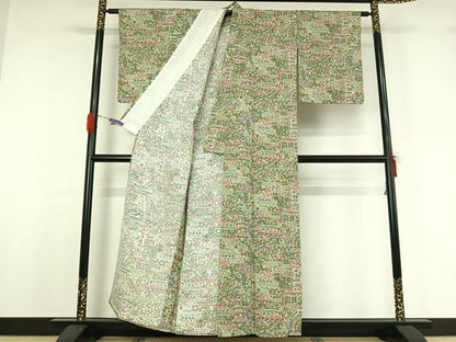 平和屋着物▽上質な紬 単衣 草花文 正絹 逸品 AABG5622jh