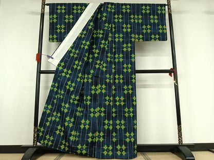 平和屋着物▽上質な紬 単衣 幾何学文様 正絹 逸品 AABG5624jh