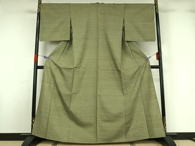 平和屋着物▽上質な紬 単衣 柳葉色 正絹 逸品 AABG5631jh