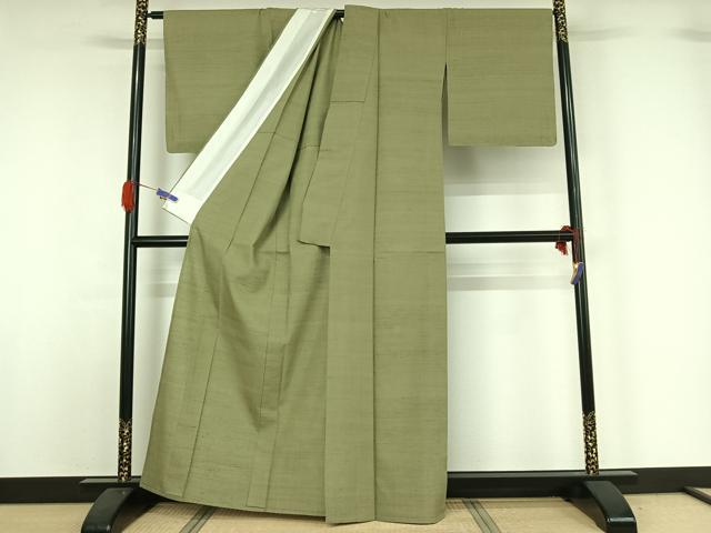 平和屋着物▽上質な紬 単衣 柳葉色 正絹 逸品 AABG5631jh