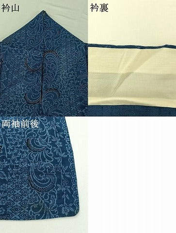 平和屋着物▽上質な紬 単衣 型染め 更紗花文 正絹 逸品 AABG5633jh