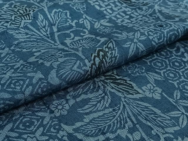 平和屋着物▽上質な紬 単衣 型染め 更紗花文 正絹 逸品 AABG5633jh