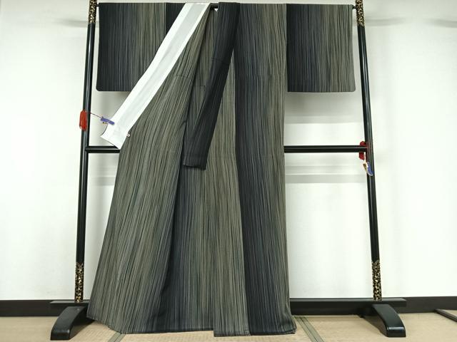 平和屋着物▽本塩沢 やまだ織 200色 単衣 縞 さが美扱い 正絹 逸品 AABG5640jh