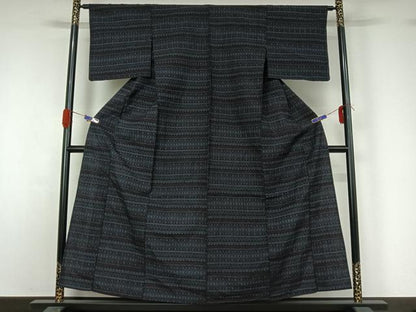 平和屋着物▽上質な紬 単衣 横段文 正絹 逸品 AABG5647jh