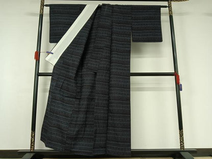 平和屋着物▽上質な紬 単衣 横段文 正絹 逸品 AABG5647jh