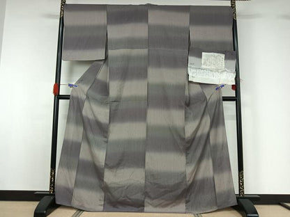 平和屋着物▽上質な紬 単衣 紬縮緬 横段文 反端付き 正絹 逸品 AABG5653jh