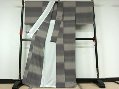 平和屋着物▽上質な紬 単衣 紬縮緬 横段文 反端付き 正絹 逸品 AABG5653jh