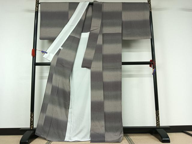 平和屋着物▽上質な紬 単衣 紬縮緬 横段文 反端付き 正絹 逸品 AABG5653jh